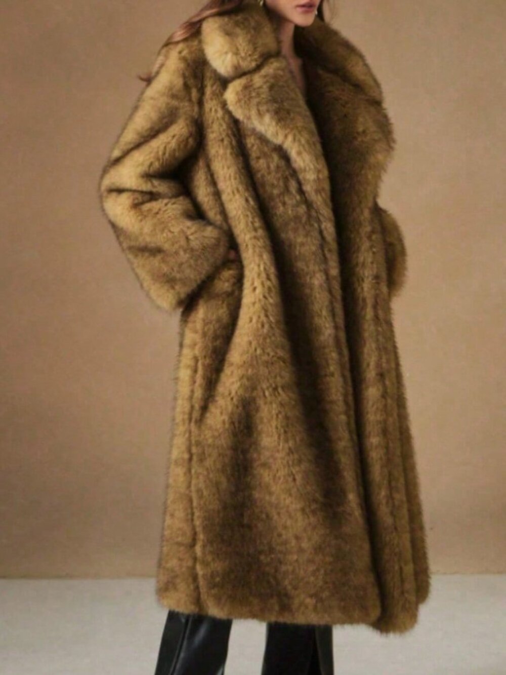 Camel Women's Long Fur Coat, Faux Fur Parka